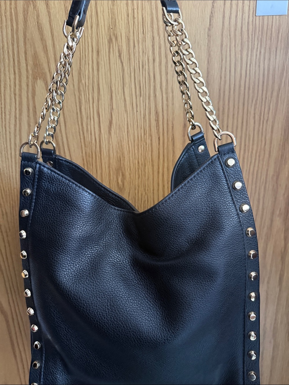 Michael Kors Black Leather Shoulder Bag with Gold Studs and Chain